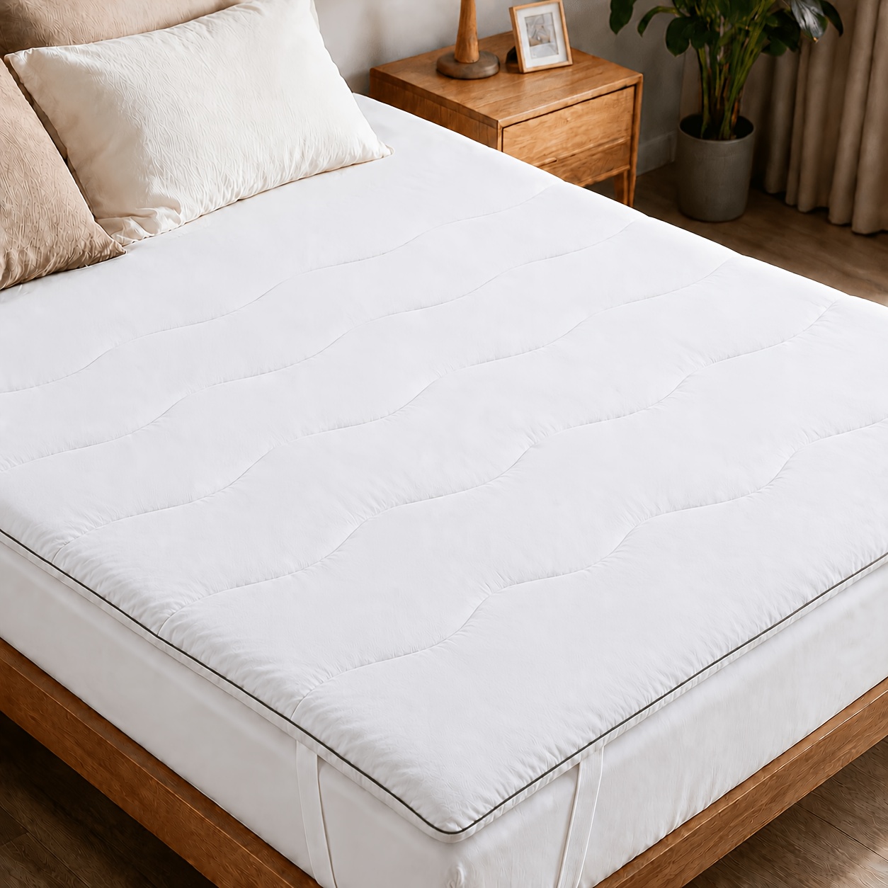 Image of Soft And Breathable Mattress Topper, Rich Fiber Filling, -friendly Fabric, Fashionable , Elastic Straps For Non-slip Fixing, Suitable For , Compatible With Bed Types, Machine Washable.