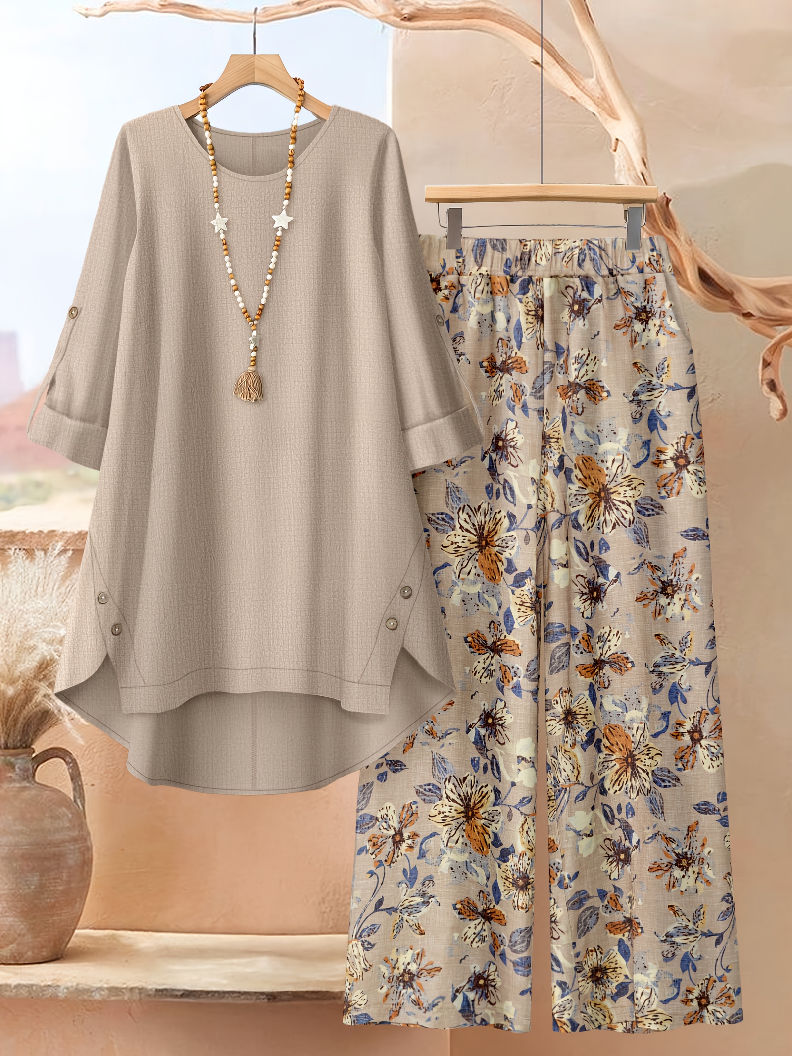 plus size a 2pcs set of a solid color irregularly hemmed     with floral printed trousers exuding    