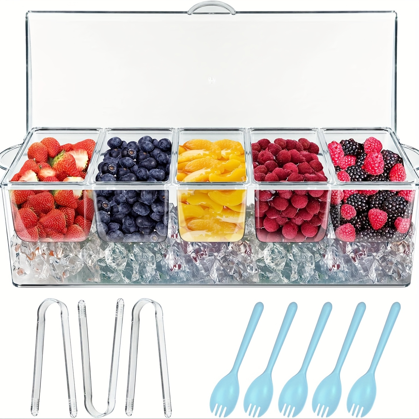 TEMU Chilled Condiment Server Tray, Bar Fruit Caddy With Lid And 5 Removable Compartments, Clear Ice Condiment Serving Tray For Party, Toppings Bar