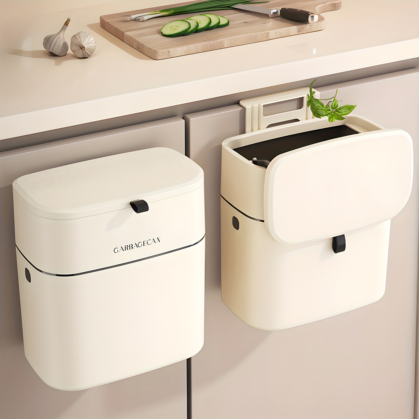 TEMU 1pc Bathroom Trash Can, Space Saving Kitchen Trash Can, Kitchen Cabinet Door Sink Trash Can, Plastic Compost Bin With Backing, Hooks, Odor