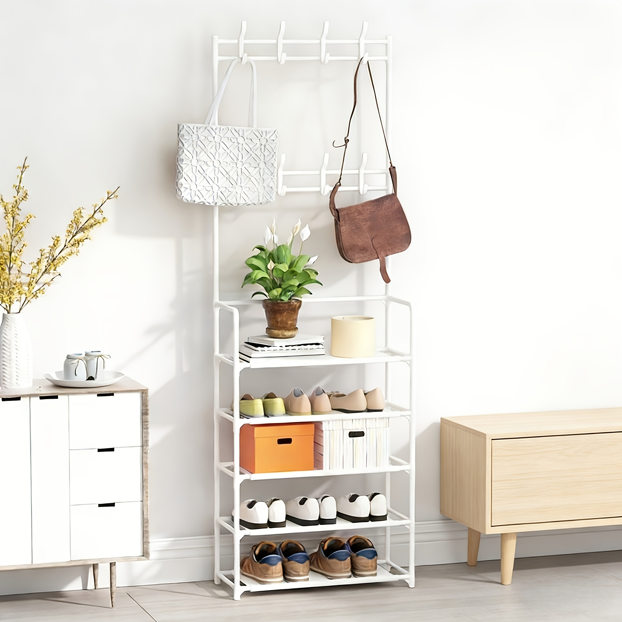 TEMU Porte-chaussures de Rangement - Porte-manteau de Place, Porte-chaussures à 5 Niveaux avec 8 Crochets, Structure Robuste en Métal/Plastique Doré,