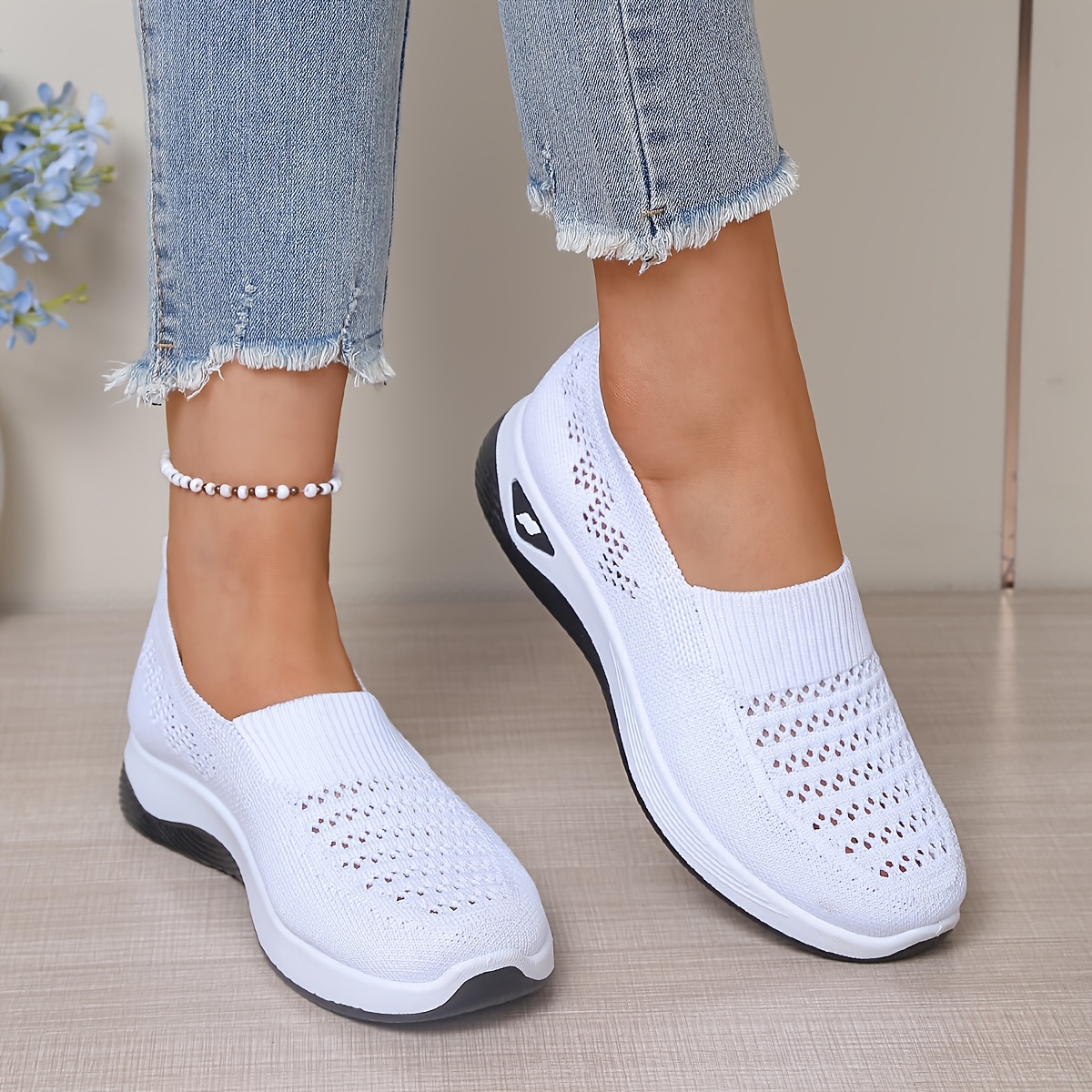 TEMU New Wide-toe Women's Slip-on Sneakers With Breathable Knit Upper, Lightweight Pvc Sole, , Adjustable Straps, Cushioned Insole, Casual Low-, With
