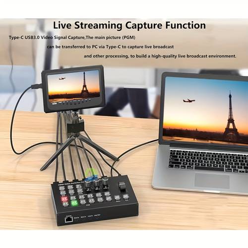 hdtv video mixer switcher for live streaming 4x hdtv 2x hdtv outputs 2 mic line rs232 usb3 0 capture pvw pip osd 1080p hd output for multi camera setups events online broadcasting event production