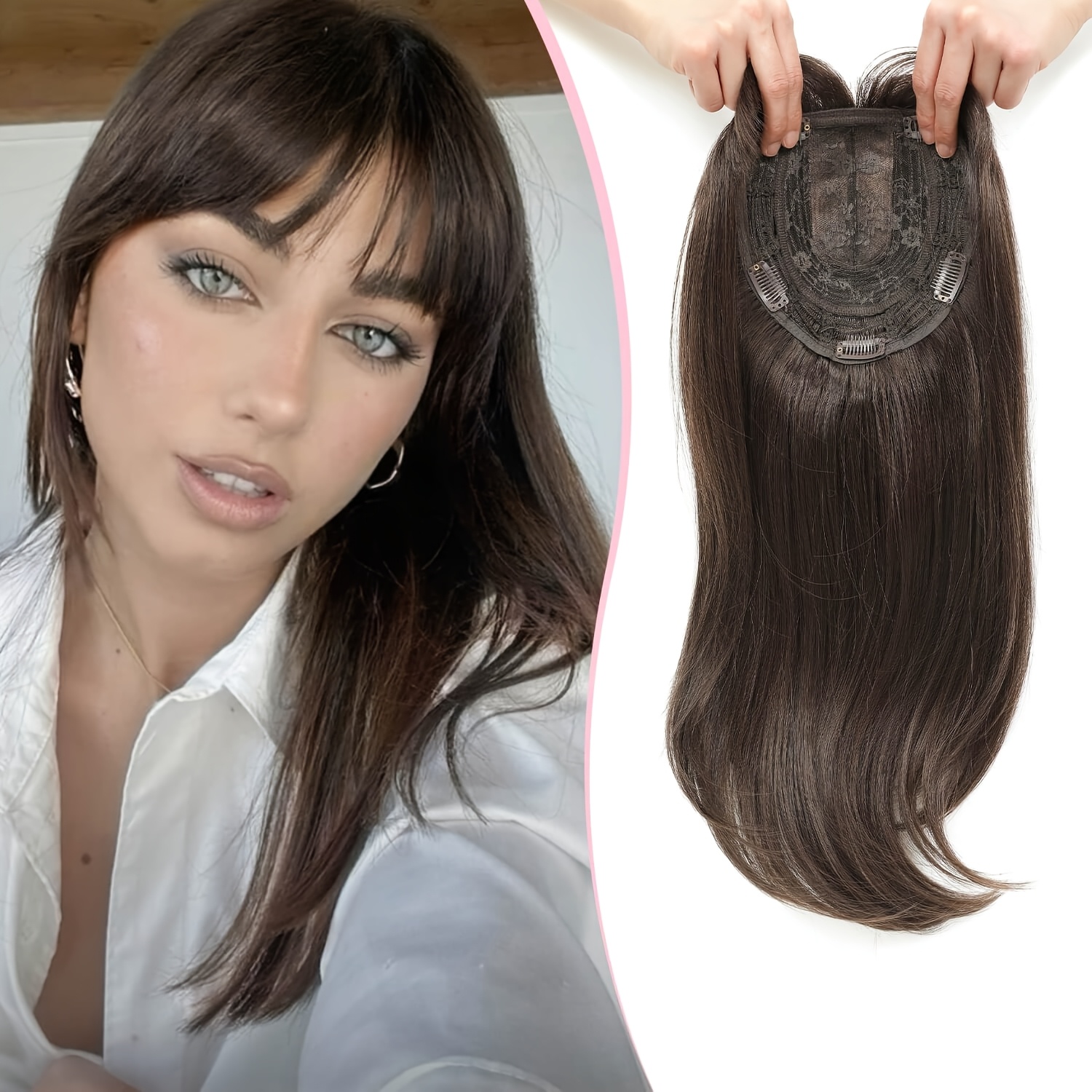 TEMU 18-inch (approximately 46cm) Women's Synthetic Hair Topper With A Lace Base And 5 Hair Clips, Suitable For Thinning Hair And Gray Hair Loss