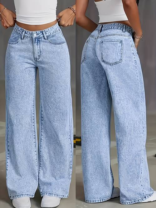 womens stretchy straight jeans loose fit wide leg jeans acid washed light blue denim trousers with pockets elegant womens clothing high waisted tummy control pantalones baggy casual pants for travel work and office wear