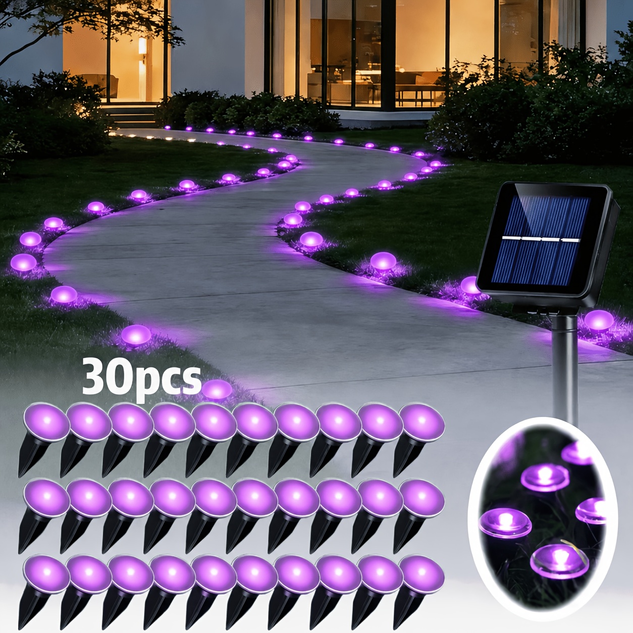 TEMU 30 Led Solar Powered Outdoor Lawn Lights Ip66 Dustproof Landscape Path Lights Garden Stake Lamp, Halloween & Christmas Decorative Lights, For