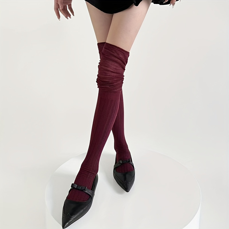 TEMU 6-color Optional Women's Knee High Socks With Hollowed Out Details, Solid Polyester, Washable, Versatile Spring, Summer, Autumn, And Winter