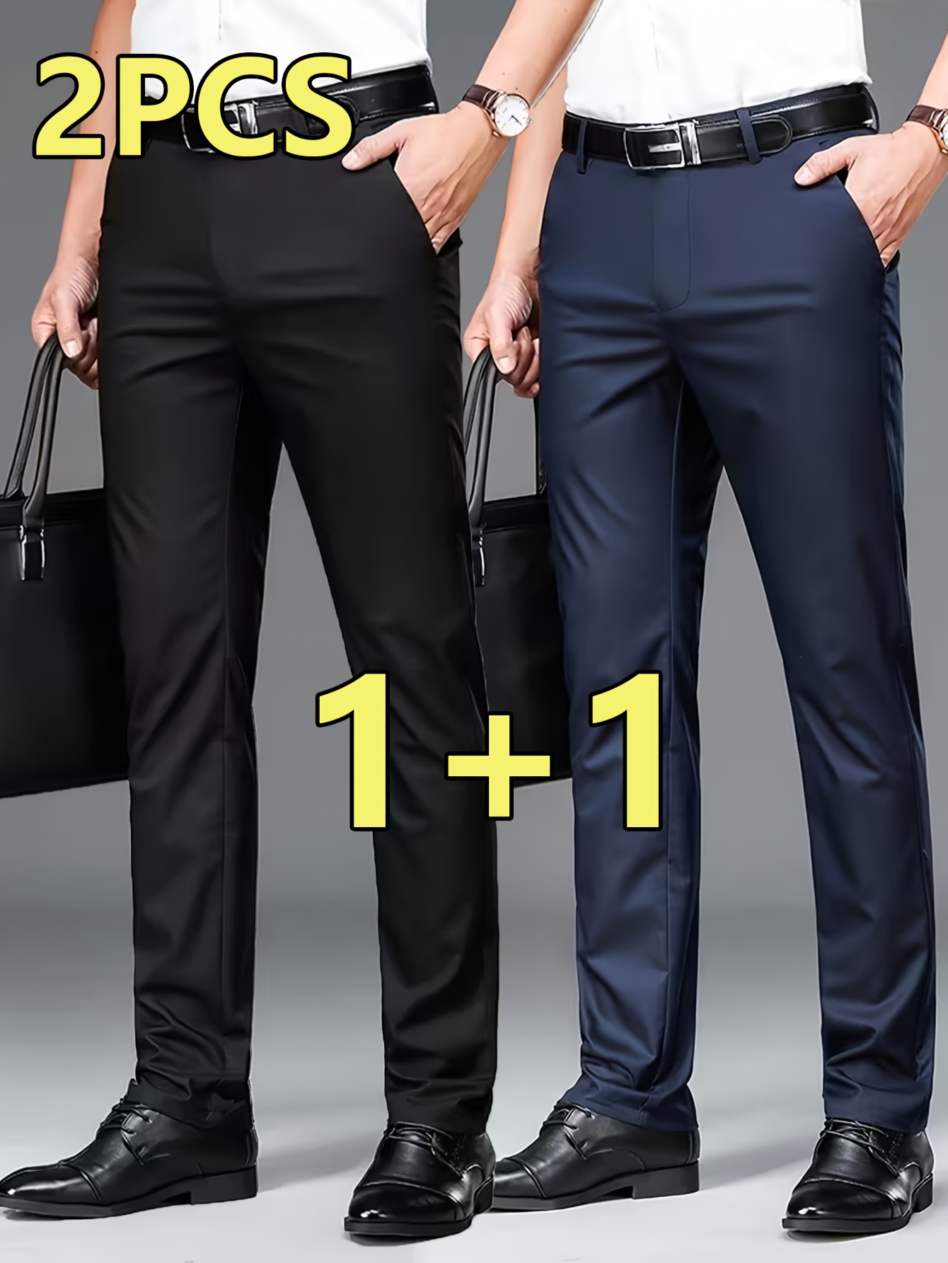 2pcs Men's Professional Business Dress Pants, Office Trousers with Stretch, Versatile Black Straight-Leg Casual Pants for Work