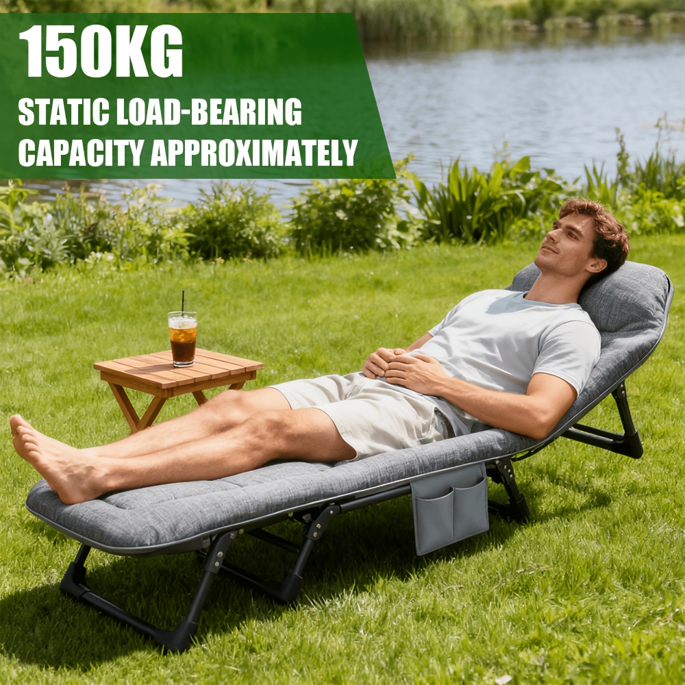 TEMU 1pc Portable Folding Camp Bed- Adjustable With Mattress& Side Pocket, Grey Lightweight Outdoor Guest Bed, Compact Foldable Design For Camping,