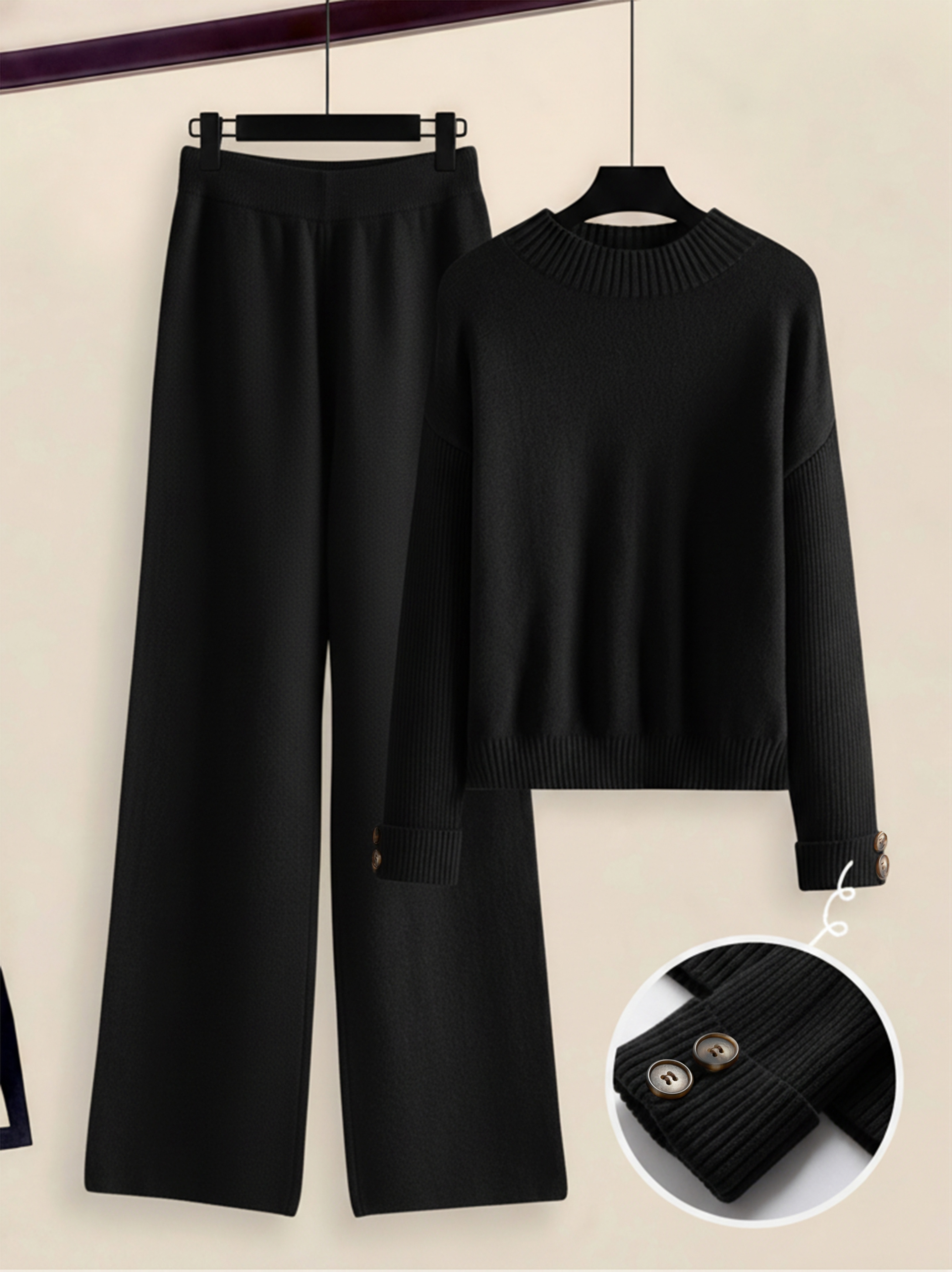 womens two piece set with side stripe crewneck sweater relaxed fit straight leg pants soft clothing for autumn winter european casual   black 0