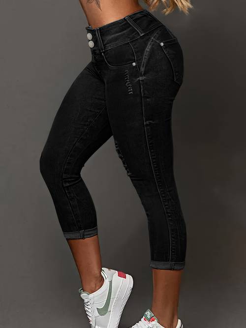 göttinnen-lieblings-high-stretch-denim-caprihosen mit high-waist-doppelknopf-design für perfekte proportionen. der umgeschlagene saum die taillenbetonte kreieren eine silhouette enthüllen das des trendigen stils! bestseller in zweifarbigem schwarz