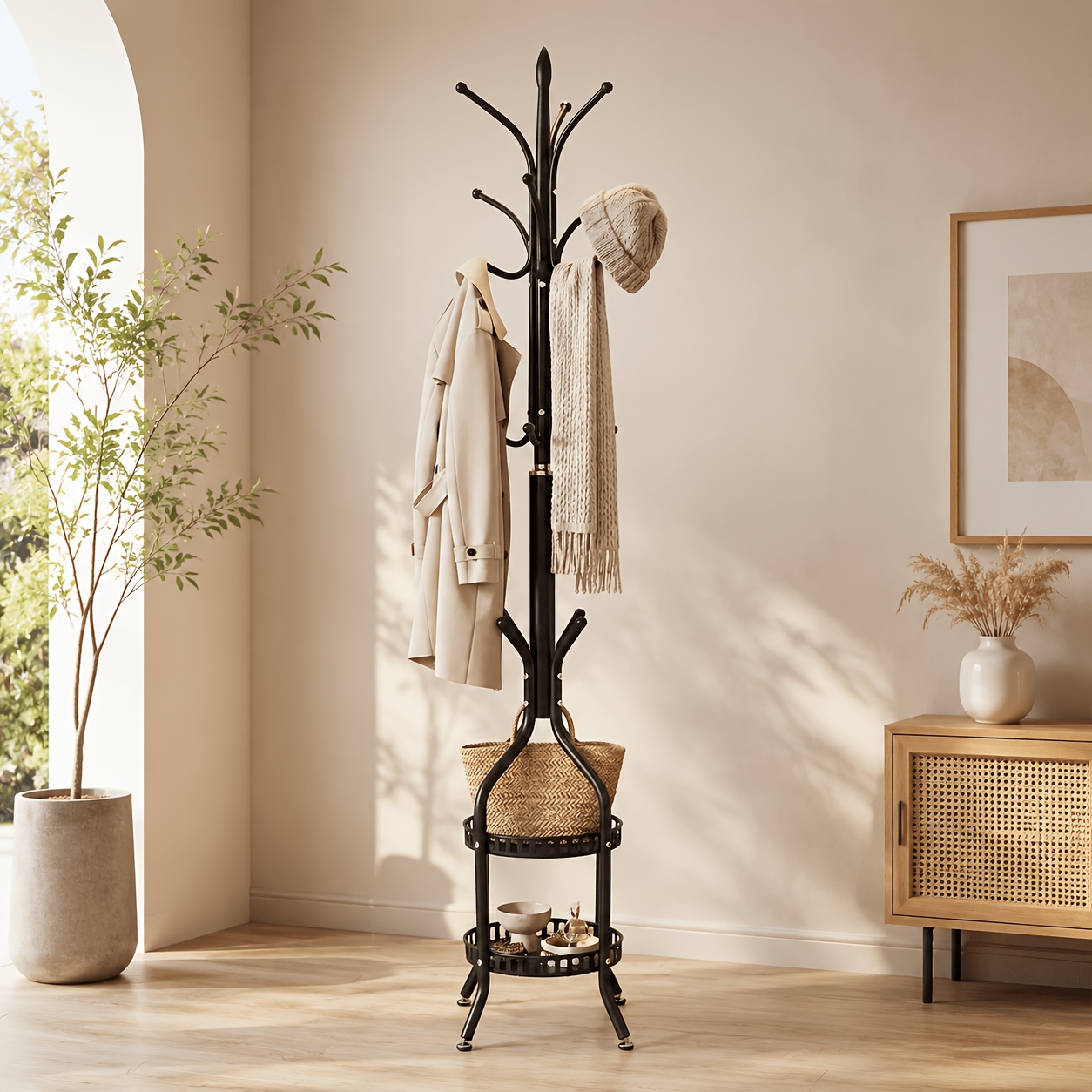 Floor Standing Coat Hanger Stand With Double Layer Storage Basket, Multi Hook Home Organizer For Entryway Hallway Bedroom, Hold Hats Coats Bags Scarves