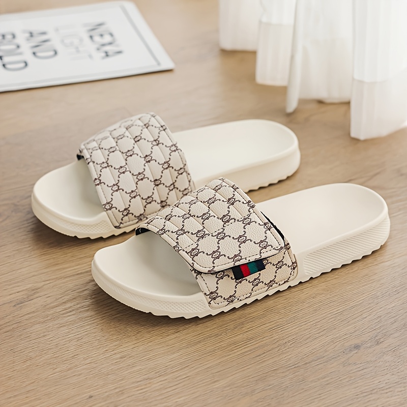Image of Unisex Luxury Slippers - Thickened Eva Sole With Soft Pu Fabric Striped Design, Indoor/outdoor House Shoes, Comfortable Casual Party Shoes (, Beige/surprise Color) - , Women Shoes