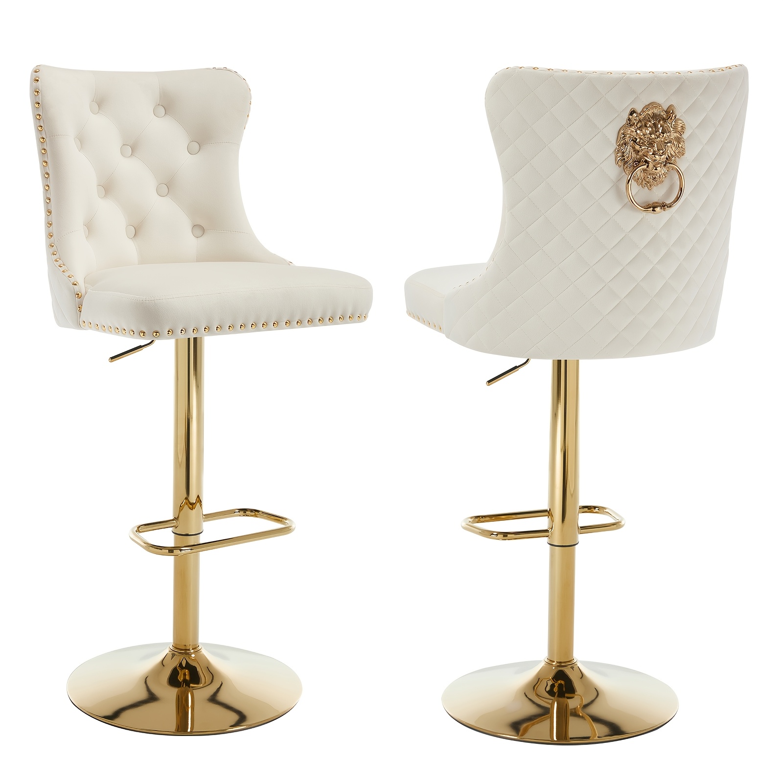 Modern Height Adjustable Bar Stools Set Of 2, Swivel Upholstered Breakfast Kitchen Stools With Lion And Rivet Decoration, Suitable For Home Bar, Kitchen Island, And Dining Room