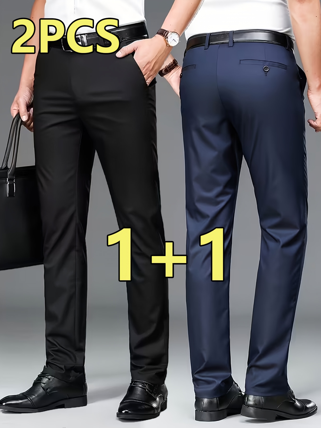 2pcs Men's Professional Business Dress Pants, Office Trousers with Stretch, Versatile Black Straight-Leg Casual Pants for Work