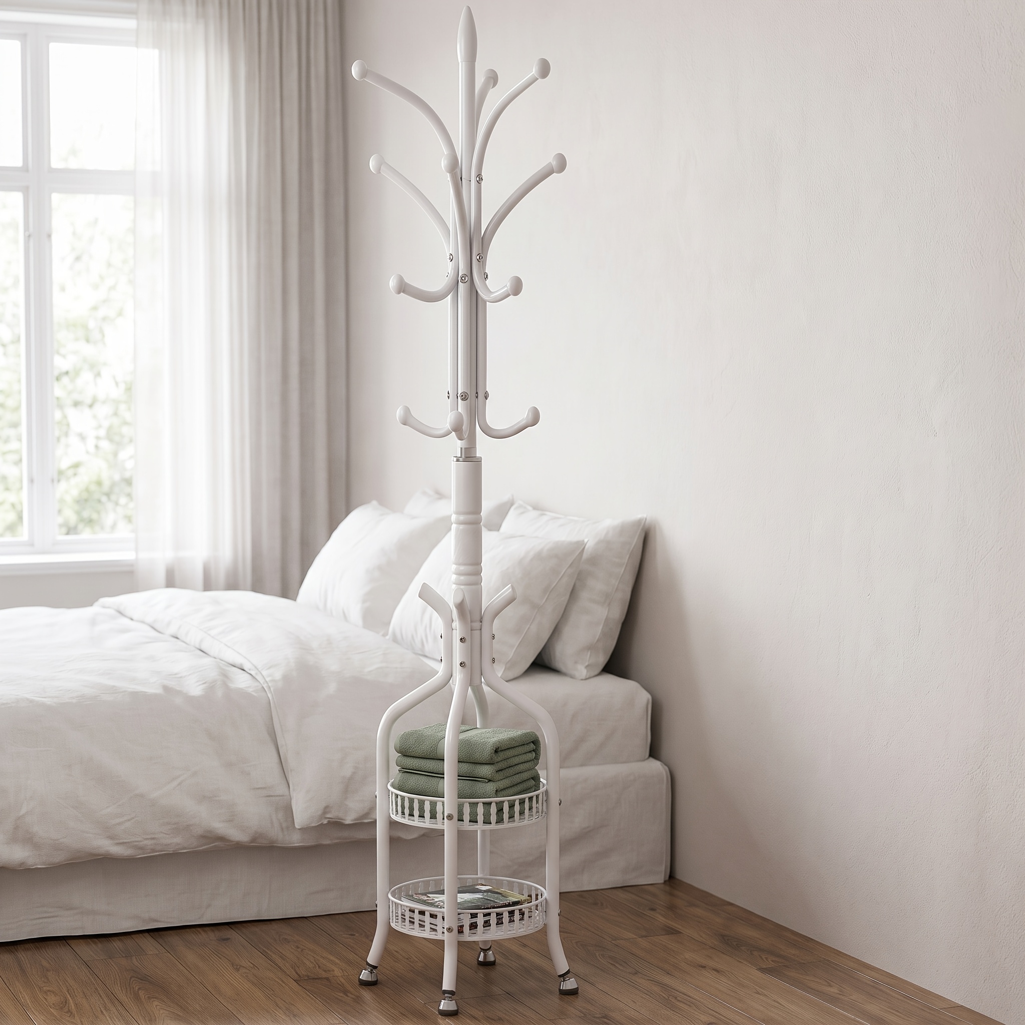 Image of Floor Standing Coat Hanger Stand With Double Layer Storage Basket, Multi Hook Home Organizer For Entryway Hallway Bedroom, Hold Hats Coats Bags Scarves