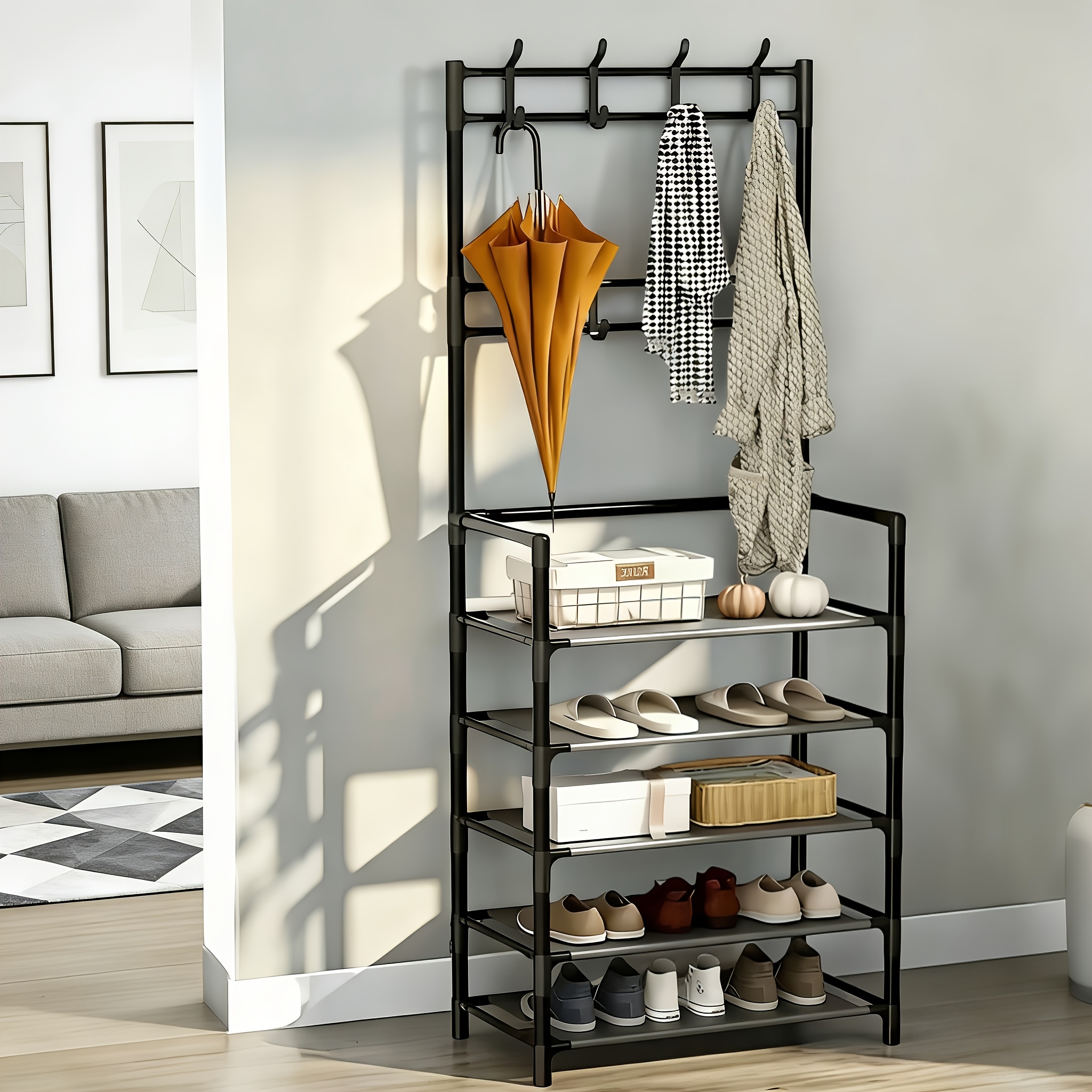 TEMU Shoe Rack Storage - Space-saving Coat Rack, 5-tier Shoe Rack With 8 Hooks, Sturdy Golden Metal/plastic Structure, Freestanding Or Wall-mounted