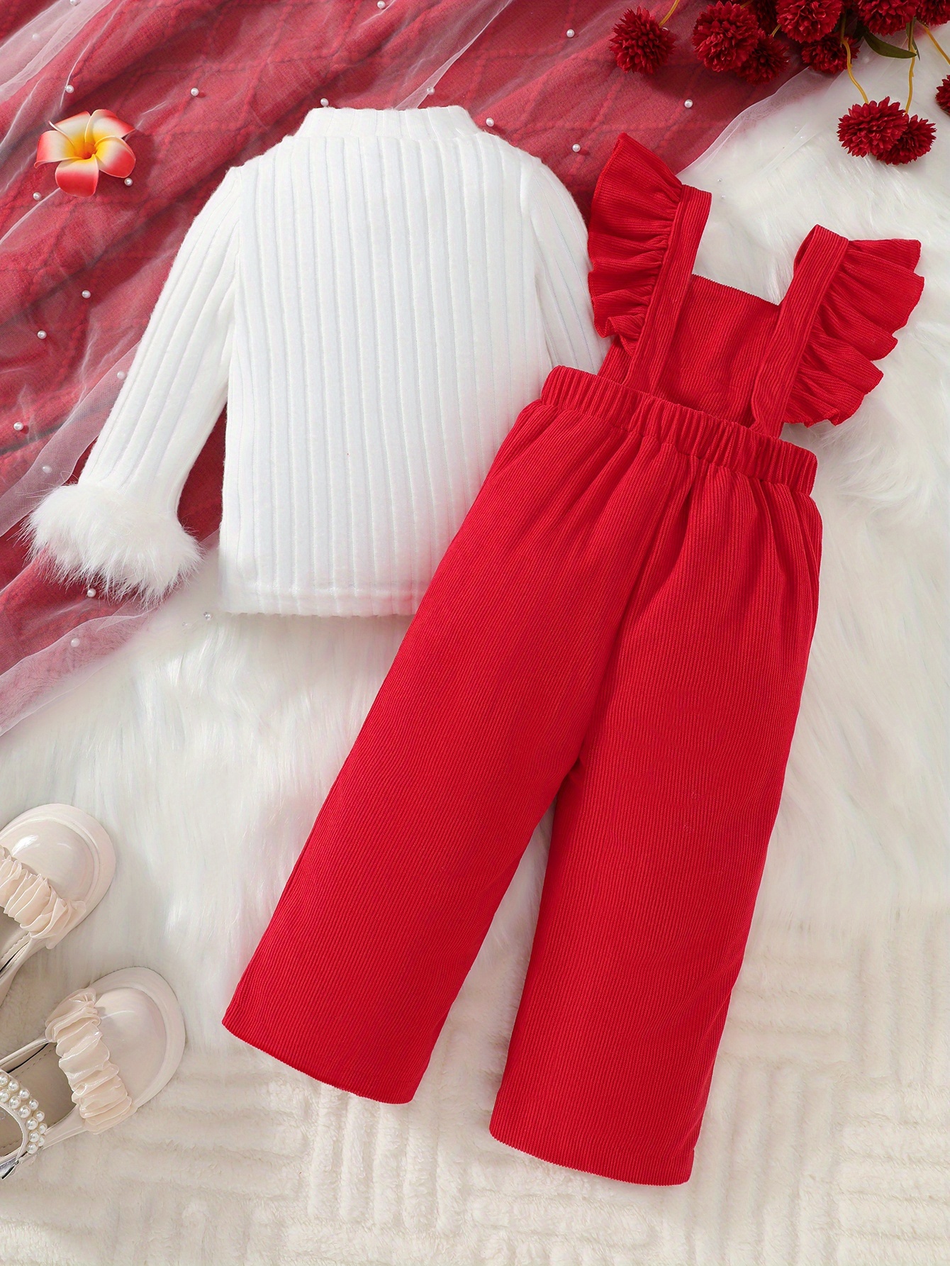 2pcs girls pants set   plush cuff top bow overalls girls daily wear   outdoor Product details 10