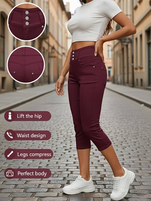 damen cropped jeans mit hoher taille - drei-knopf- -fit-stretch-denim - lässige modehose