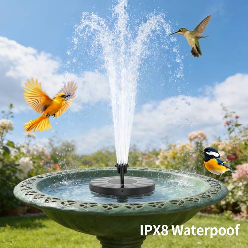 powered fountain designed for gardens pools and outdoor spaces featuring a bird bath pump with six nozzles it has a power range of 1 0w to 3 5w and an ipx8 along with a portable freestanding design