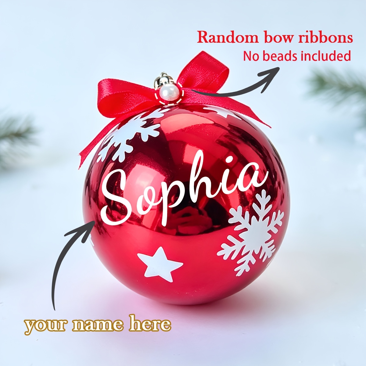 TEMU 1pc Customizable Name Christmas Ball Ornament, Glossy Hanging Ball With Random Bow, Snowflake, And Star Patterns, Custom Christmas Tree Hanging