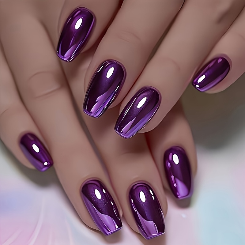 TEMU 26 uñas postizas moradas metálicas de presión para mujer - Uñas postizas con reflejo láser espejo con lima de uñas y adhesivo en gel, puntas