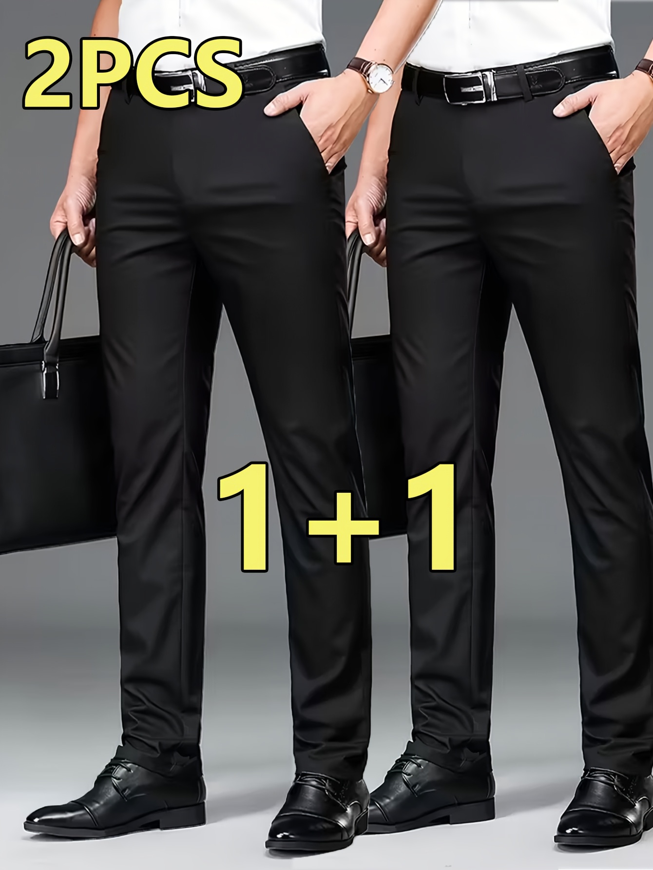 2pcs Men's Professional Business Dress Pants, Office Trousers with Stretch, Versatile Black Straight-Leg Casual Pants for Work