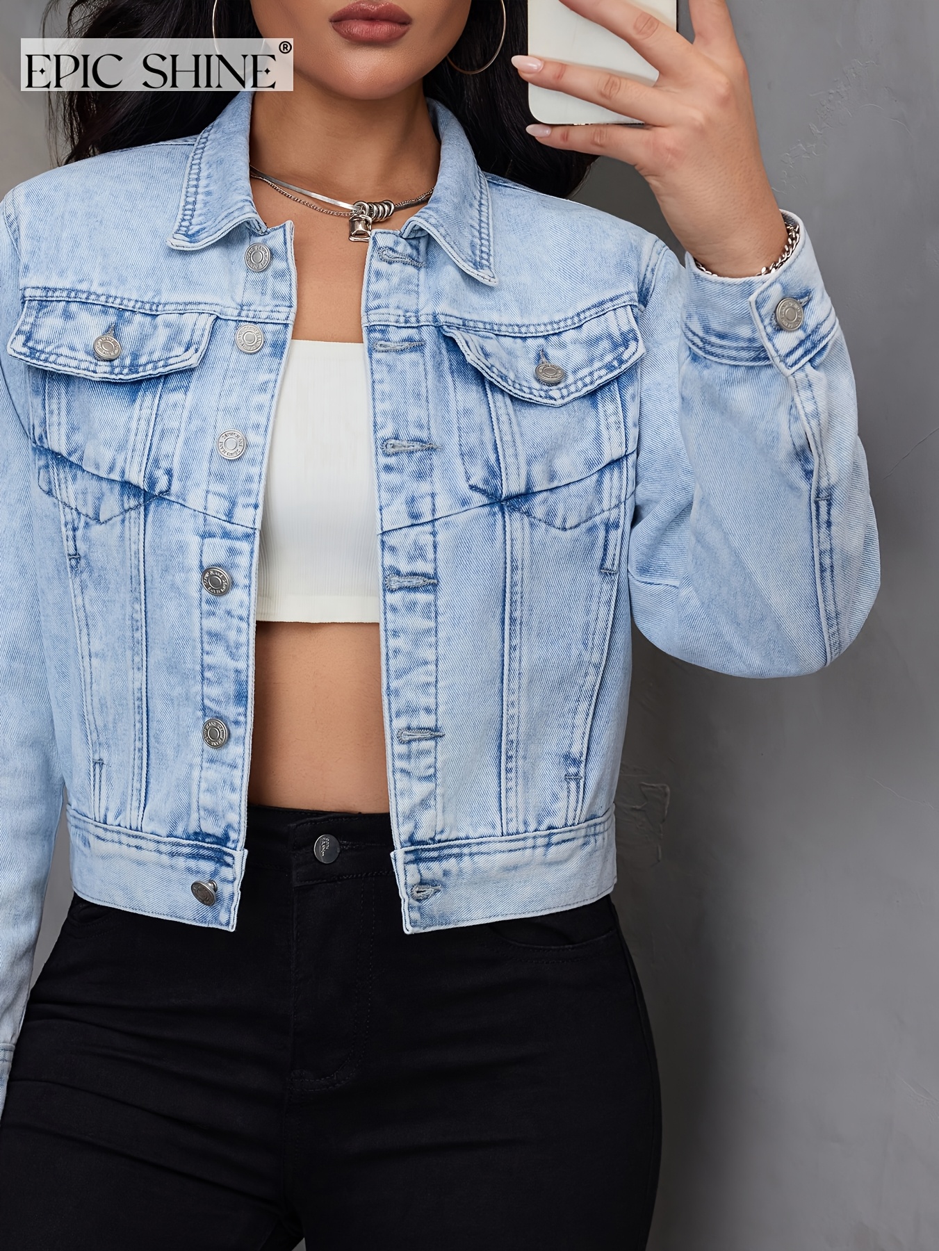 damenmode klassische denim-jacke, hellblau vintage-waschung,   fit, klassisches brustdesign denim-oberbekleidung, herbst-damen-must-haves, damen denim-jacke & mantel