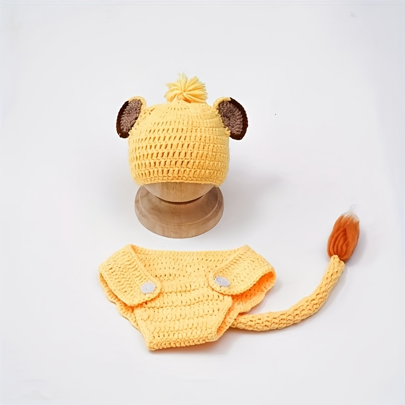Image of Photography Props Newborn Photography Props, Yellow Crochet Lion Hat And Diaper Cover With Attached Tail, Animal-themed Baby Photo Outfit For Boys And Girls