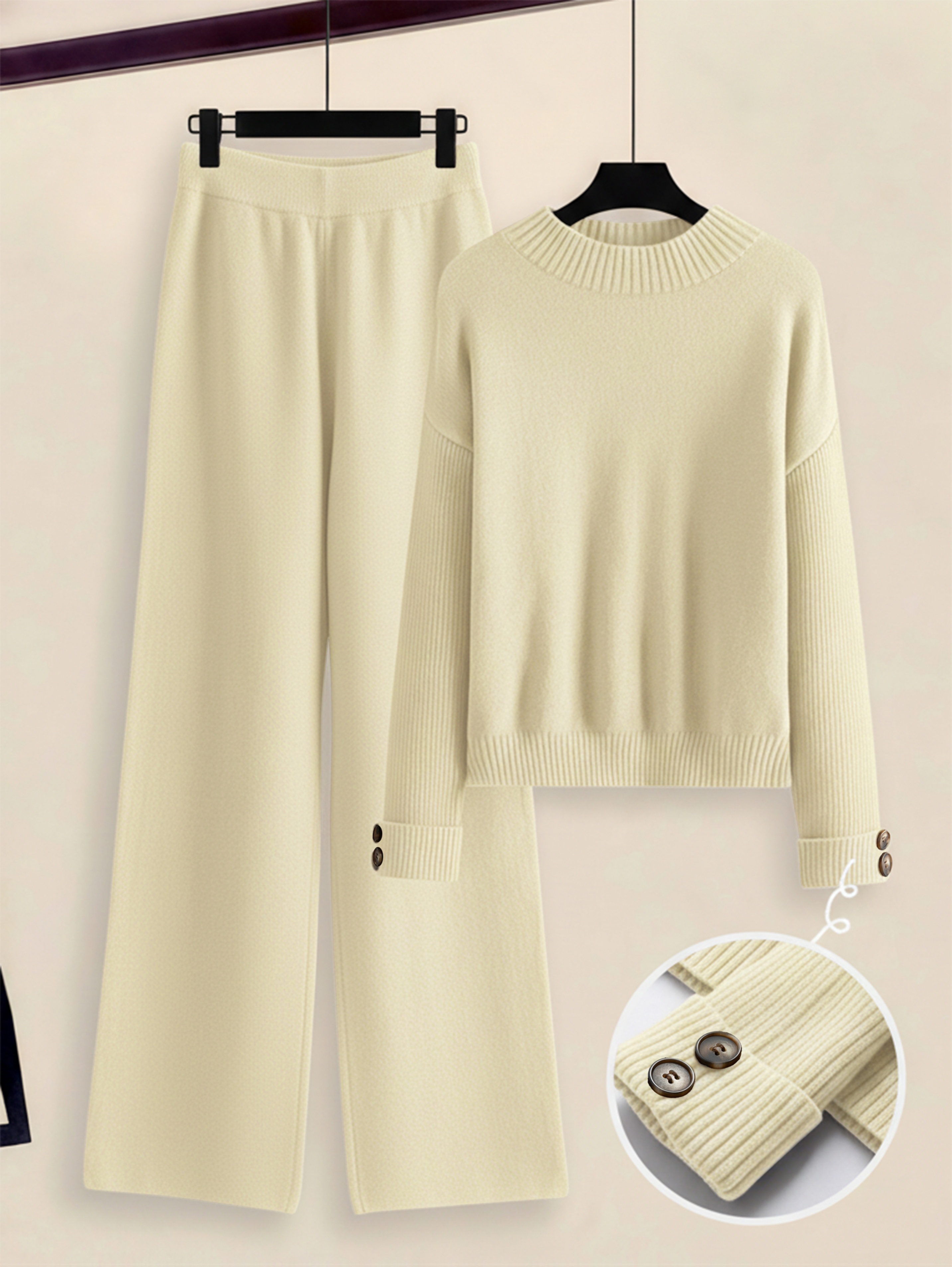 womens two piece set with side stripe crewneck sweater relaxed fit straight leg pants soft clothing for autumn winter european casual   milky 0