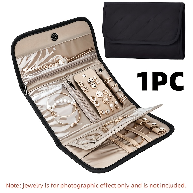 Image of 1pc Portable Travel Jewelry Organizer - Foldable Jewelry Roll Case For Necklaces, Earrings, Rings, Bracelets, Etc. Jewelry Pouch, Essential For Travel