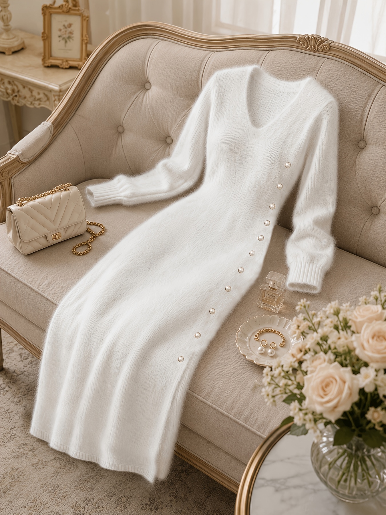 winter white dresses for women Women's Casual Plush Maxi Dress, V-Neck Long Sleeve Button Front Split Sweater Dress, Versatile Autumn/Winter Daily Commuting, Soft and Comfortable Fabric, Christmas Style, Suitable for Party hospital gown Buy Girl In Mind Neck Size:19