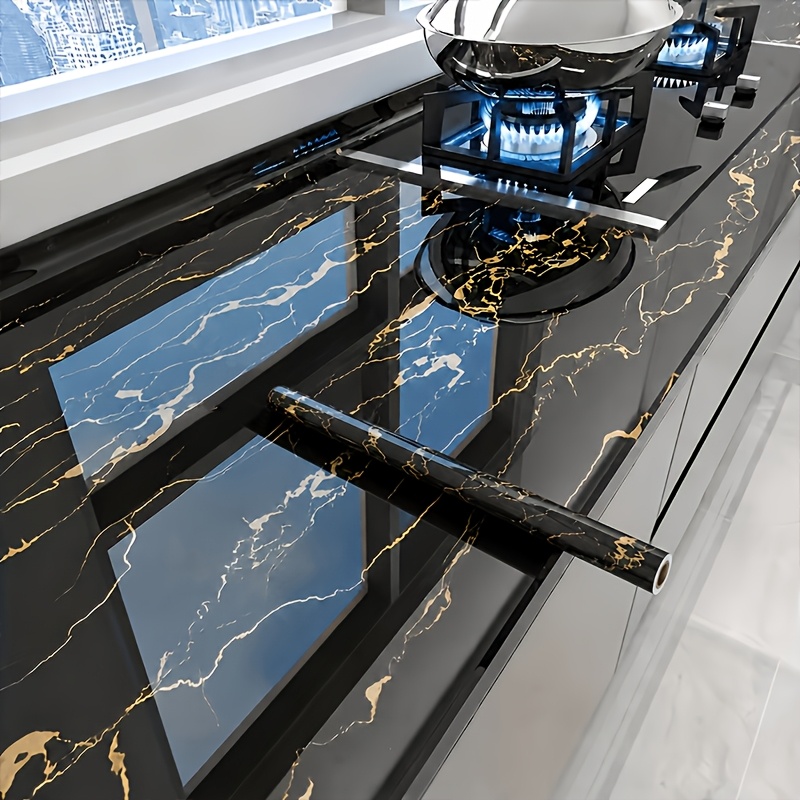 Image of 1 Roll Oil-proof & Waterproof Black-yellow Marble Kitchen Pvc Wallpaper, 0.15mm Thick - High-temperature Resistant, Removable Backsplash Sticker For Cabinets & Home Decoration