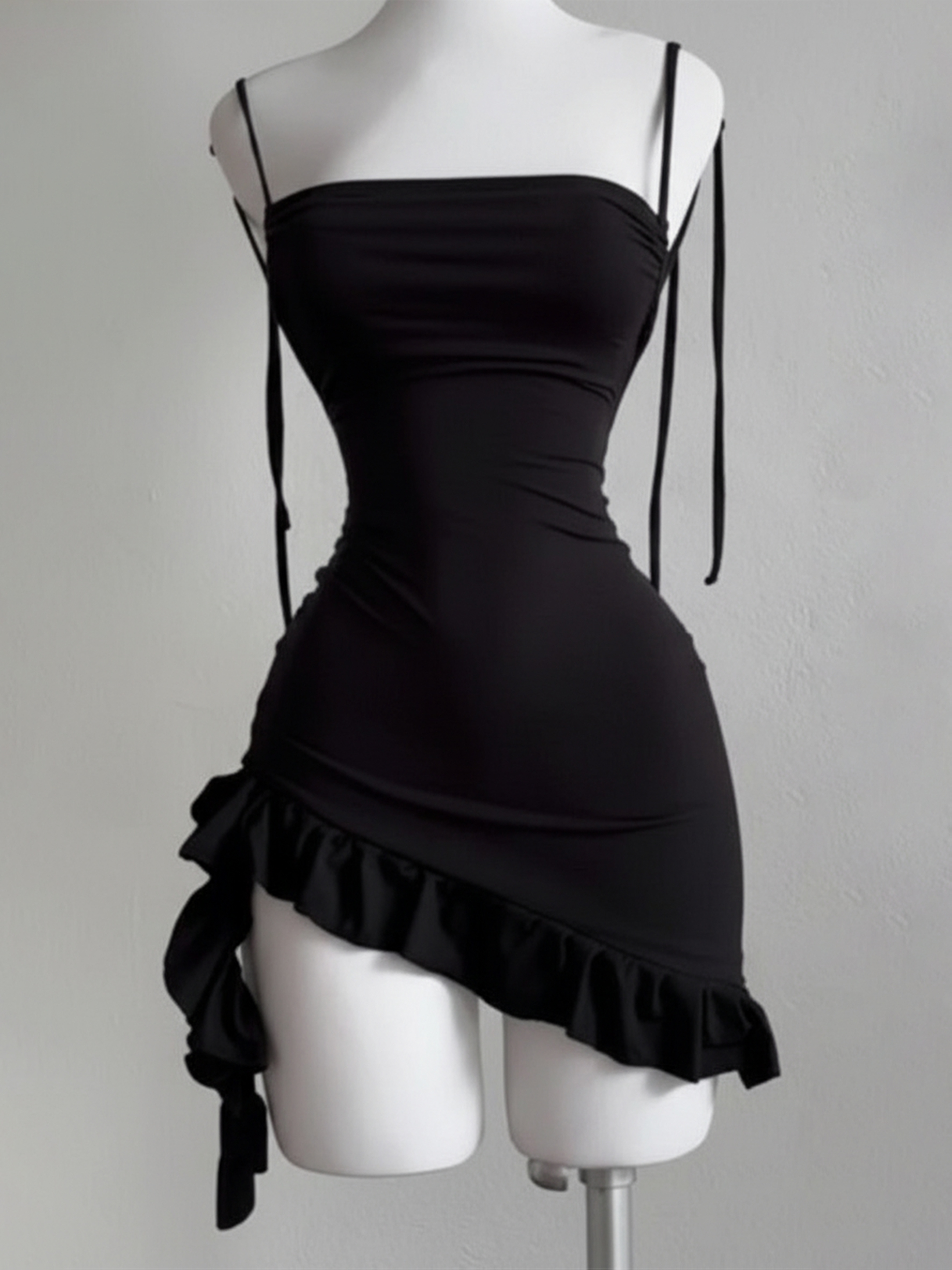 black frill tie shoulder bodycon dress ll 168 womens ribbon asymmetric ruffle Casual dresses