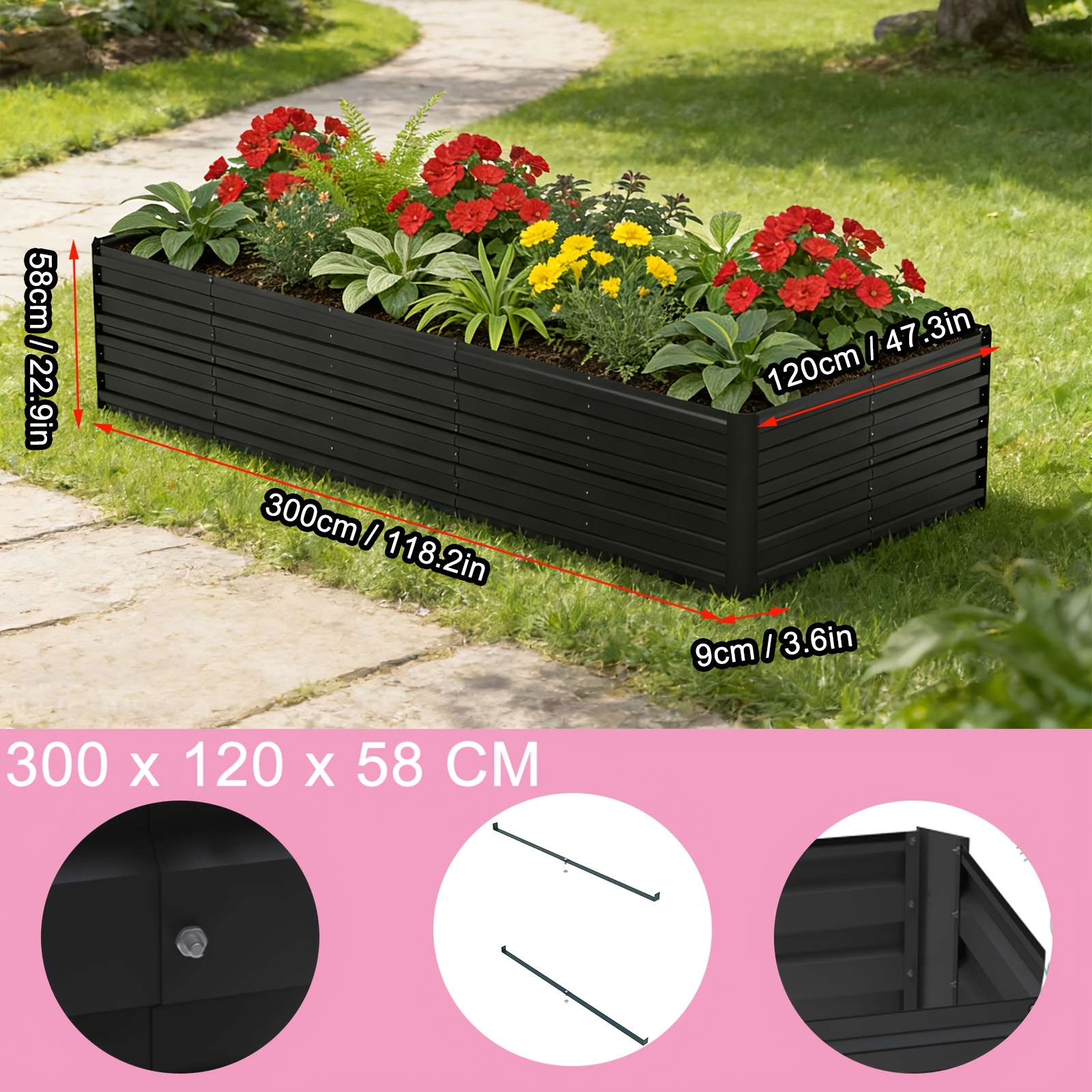 Raised Garden Bed Kit - Outdoor Vegetable & Flower Planter Box - Rectangular Garden Bed For Backyard, Patio - Green/black/silvery 4 Size Optional