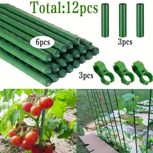 the 12pcs green gardening bracket set contains 6 support rods 3 connecting pieces fixing clips the special support column for tomato and cucumber made of plastic coated steel is rust proof and weather resistant and has anti skid texture