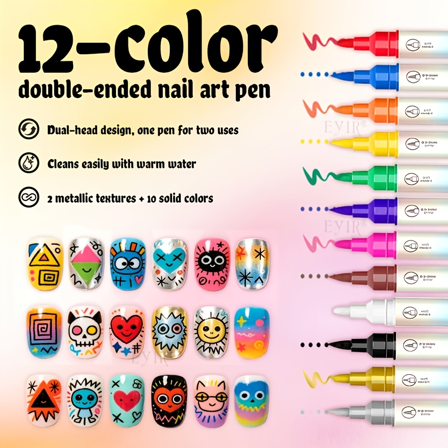 12-Color Metallic Nail Art Brush Set with Dual-Tip Design