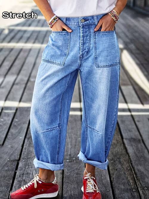womens 2026 new stretchy loose wide leg cropped jeans washed light blue straight leg denim trousers with pockets fun boyfriend pantalones street style ladies clothing weared casual pantst for travel and fashion events