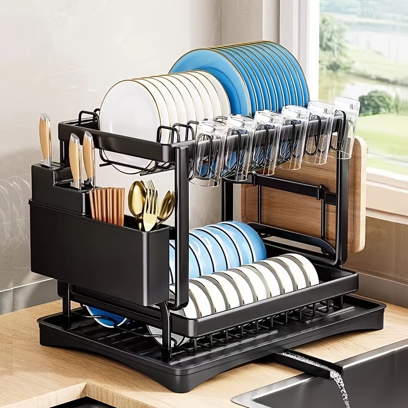 TEMU 1 Double-layer Dish Rack, Utensil Holder, Rust-proof Kitchen Plate Drying Rack With Drain Tray And Countertop Utensil Holder, Kitchen Accessories