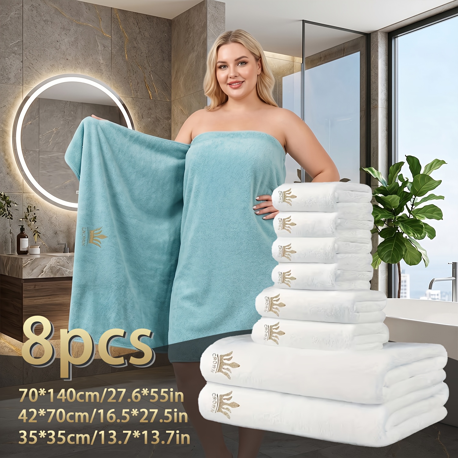 TEMU Parure de serviettes 8 pièces avec broderie couronne, 2 serviettes de bain 70x140cm, 2 essuie-mains 42x70cm, 4 débarbouillettes 35x35cm, séchage