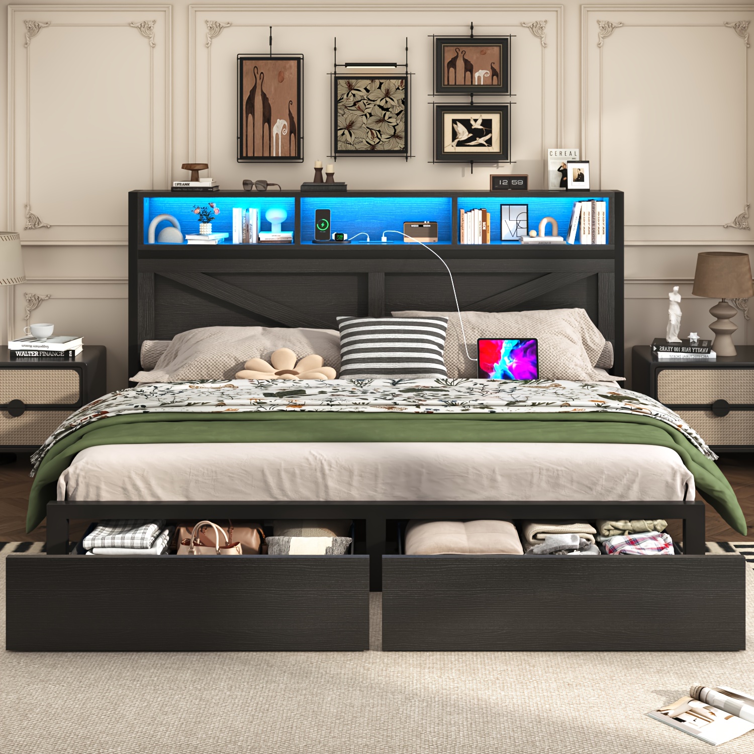 TEMU Farmhouse Bed Frame King With Headboard, Storage Drawers And Led Lights, Spring Needed