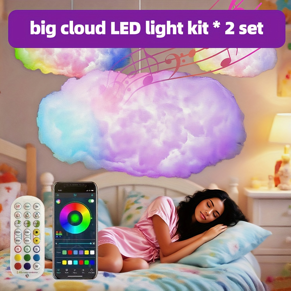TEMU 3d Thunder Cloud Led Light Diy Set With Music Sync, Rgb Multicolor Changing Strip Lights Usb Powered, Wireless Remote, 360 Degree Wall/ceiling