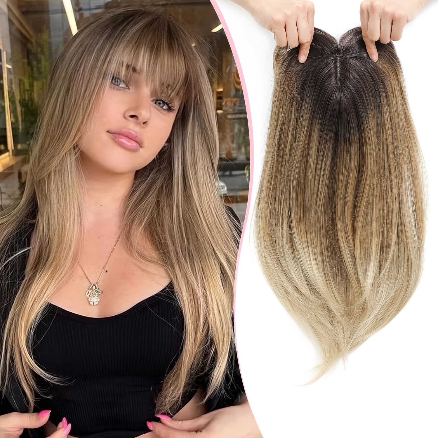 TEMU 18-inch (approximately 46cm) Women's Synthetic Hair Topper With A Lace Base And 5 Hair Clips, Suitable For Thinning Hair And Gray Hair Loss