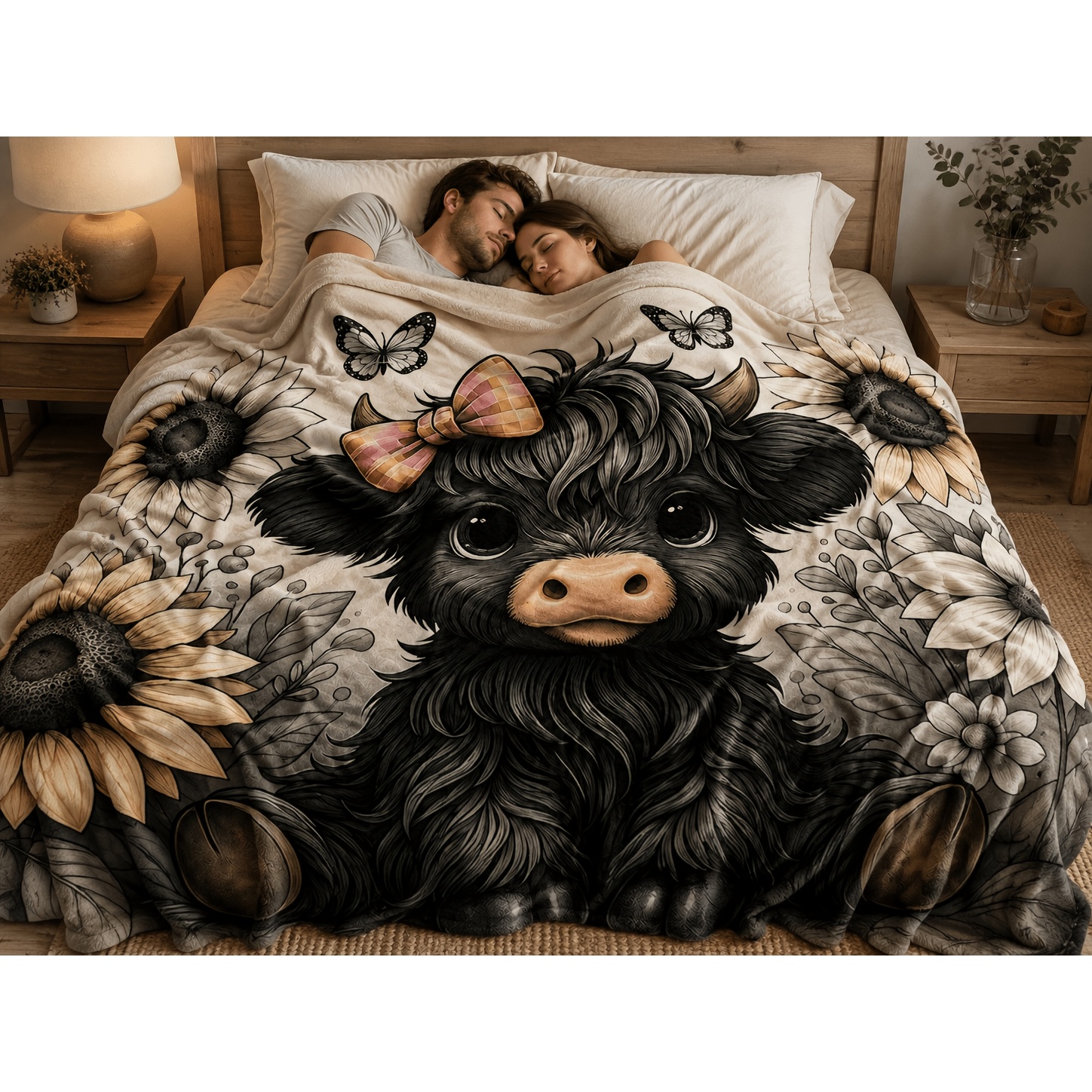 TEMU (print Design)soft Cozy Flannel Throw Blanket, Vintage Country Hand Drawn Style Cute Black Highland Cow Bow Sunflower Floral Print Warm Nap