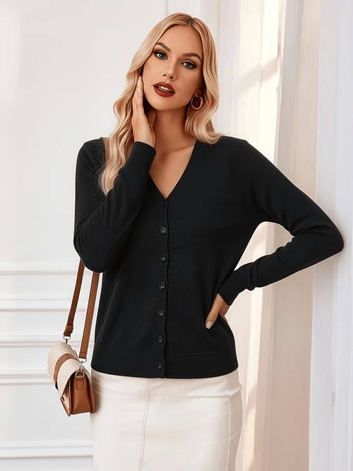 item picture womens simple solid color v neck button up cardigan