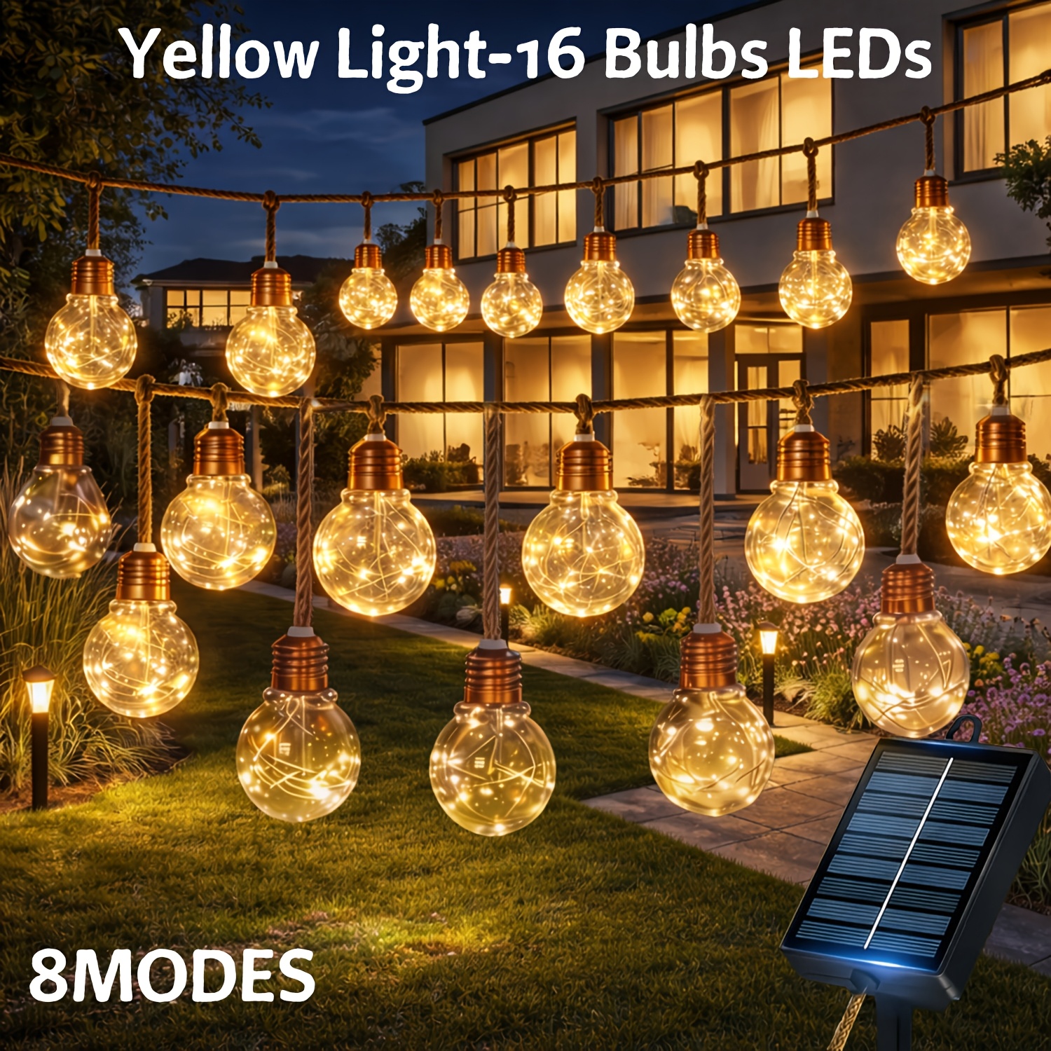 TEMU 25LED Luces Solares de Exterior con Cuerda de Cáñamo Vintage 16/10LED, Luces Solares de Jardín con 8 , IP44, Función de Memoria, Ideales para