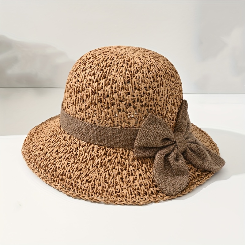 E-shop Eleganter französischer Damen-Strohhut - Handgefertigter Bucket-Hut mit Vintage-Rüschen Schleife, leicht atmungsaktiv, faltbarer Reise-