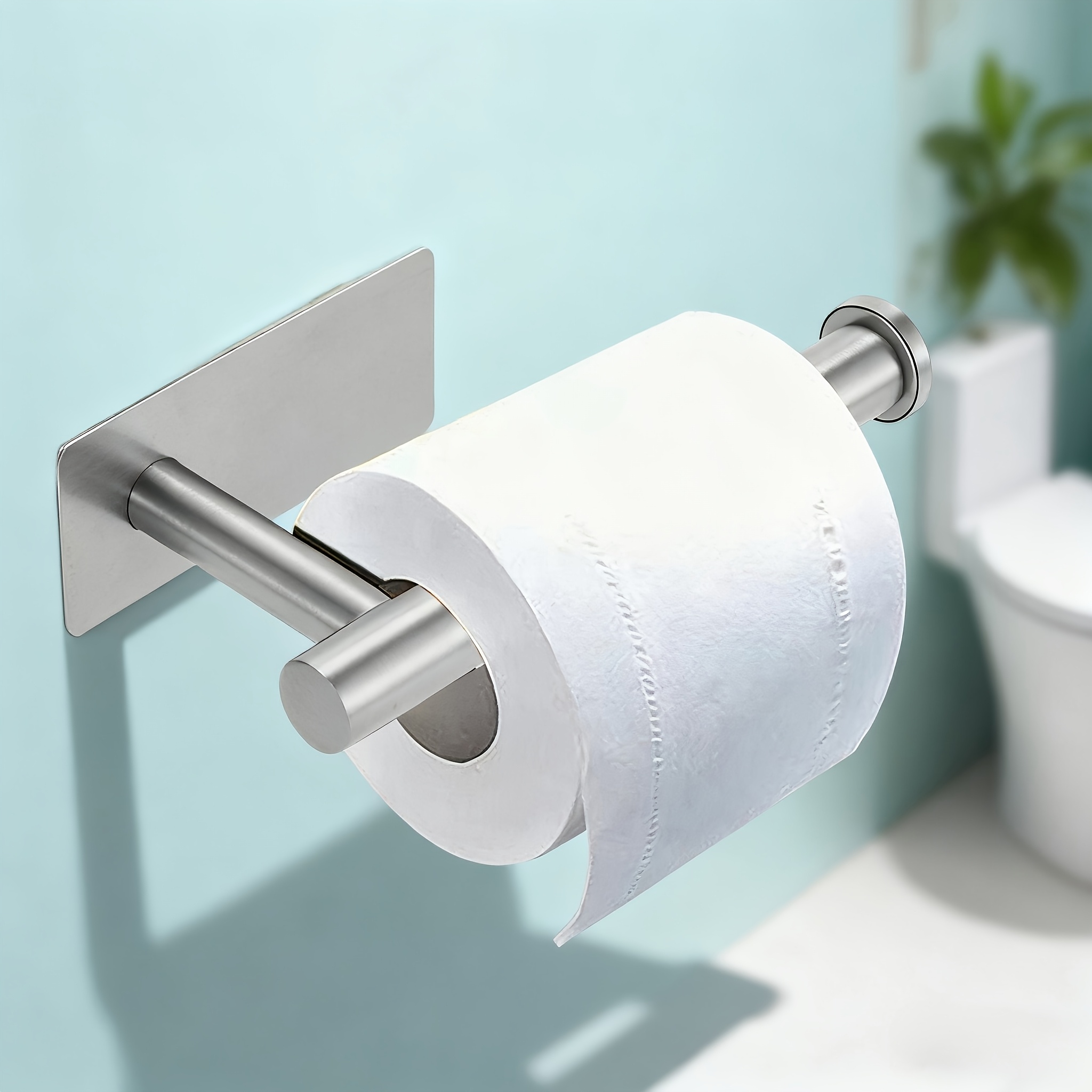 1pc, Stylish Commercial Tissue Holder And Toilet Paper Storage Rack, Stainless Steel, Suitable For Bathroom Storage, Toilet Storage, Wall-mounted Without Drilling, , With Adhesive