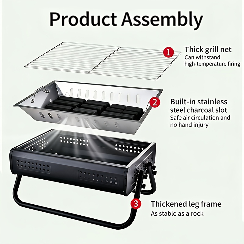 TEMU 3pcs Portable Folding Stainless Steel Bbq Grill Set, Suitable For Home And Outdoor Use (includes Grill Grill Net + Charcoal Grill + Grill)