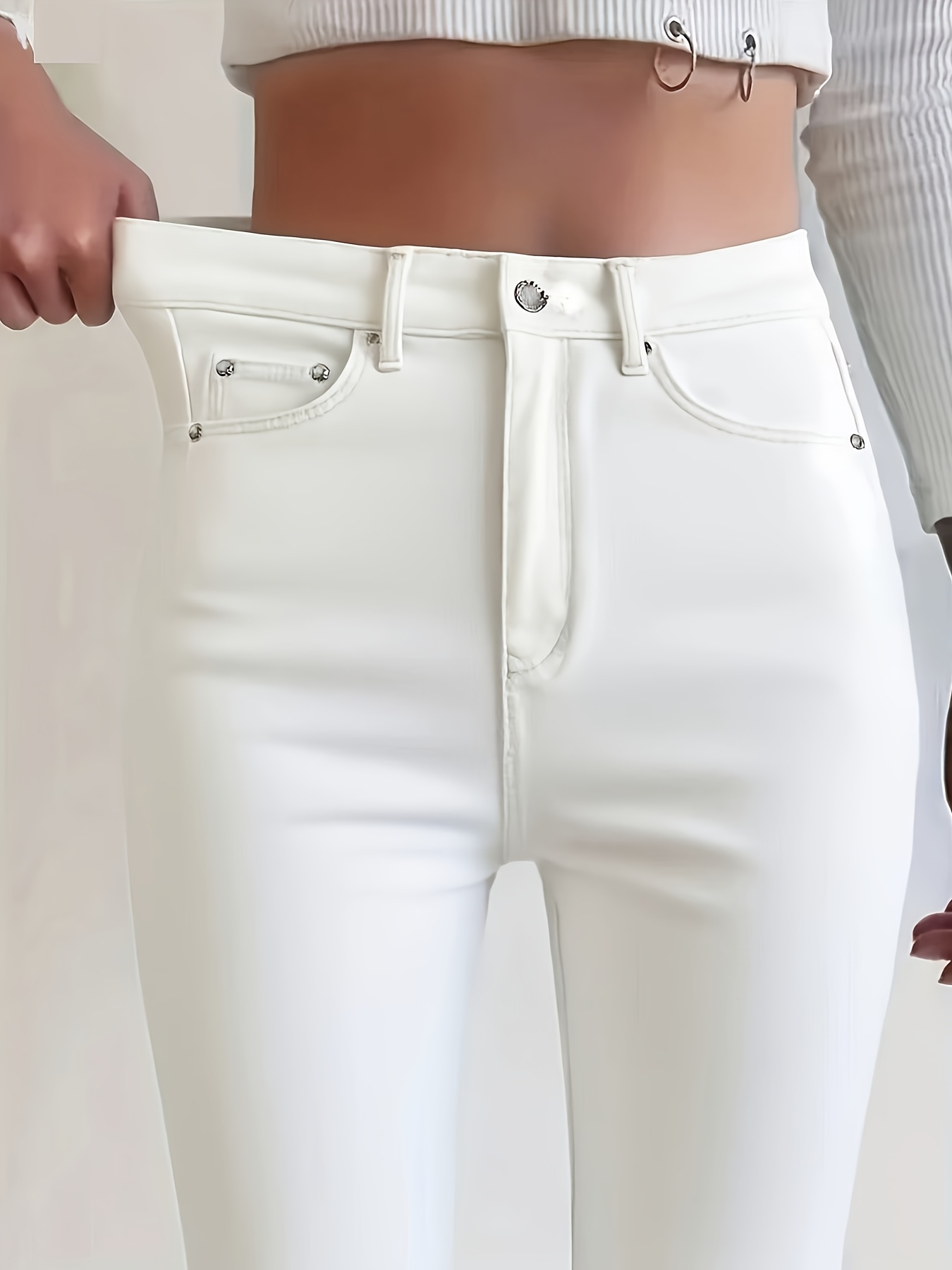 womens white stretch   fit jeans rivet design casual daily pants classic   white jeans suitable for office vacation shopping   style